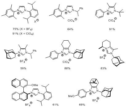 Figure 1. Selected non-symmetrical imidazolium salts prepared by the heterocycle interconversion strategy.