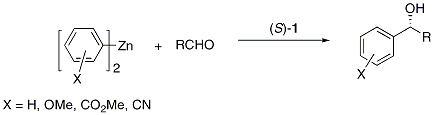 Scheme 1. Asymmetric diaryl zinc addition to aldehydes.,,