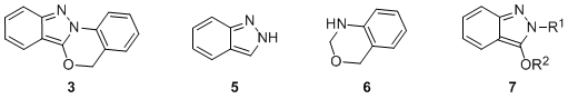 Figure 1. Heterocycles of interest: indazolobenzoxazine 3, 2H-indazole (5), dihydrobenzo-1,3-oxazine 6, and the 3-alkoxy-2H-indazole 7.
