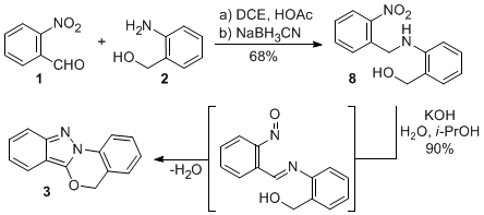 Scheme 1. Our initial stepwise route to the parent indazolobenzoxazine 3.