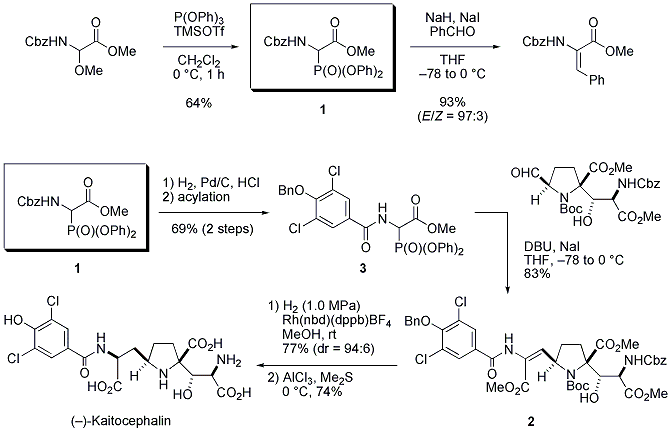 Scheme 2. Total synthesis of (-)-kaitocephalin featuring (E)-selective olefination and substrate-controlled diastereoselective hydrogenation