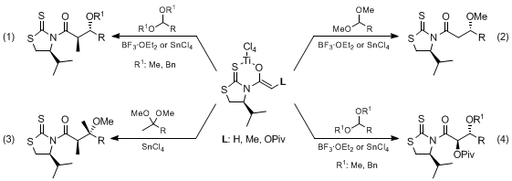 Scheme 1. Stereoselective additions of titanium enolates from N-acyl-4-isopropyl-1,3-thiazolidine-2-thione to dialkyl acetals and ketals