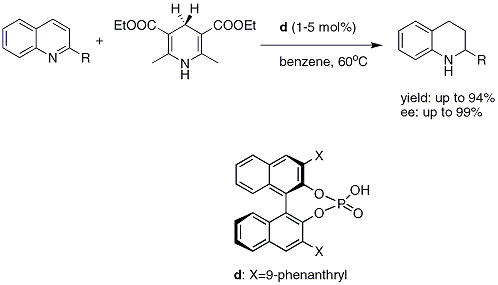 Scheme 4. Transfer Hydrogenation of Quinolines by Rueping, et alRueping, M.; Antonchick, A. P.; Theissmann, T. Angew. Chem. Int. Ed. 2006, 45, 3683-3686.