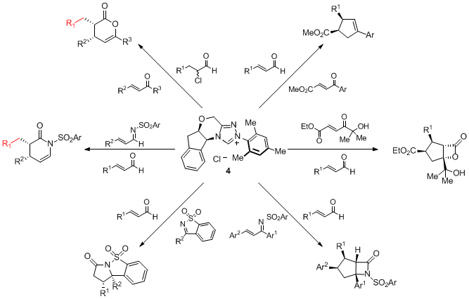 Figure 1. Selected stereoselective annulations promoted by N-mesityl substituted aminoindanol-derived NHC precatalyst 4.
