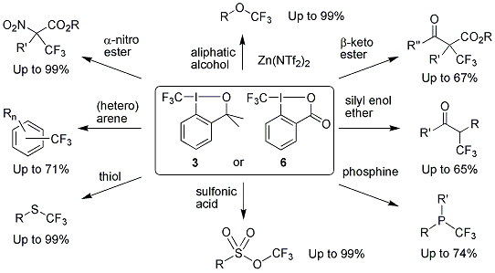 Scheme 1. Possible transformations of various substrates using reagents 3 and 6.